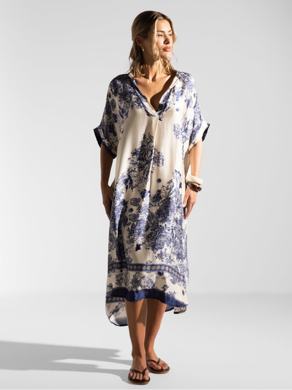 JAKI LONDON Ottilie Silk Kaftan Dress in Navy Blue Size S/M VGUC
